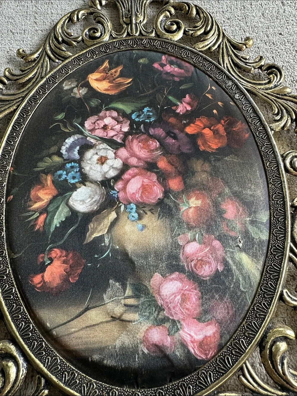 Vintage Italian Brass Oval Frame with Silk Floral Panel - 13” x 10”